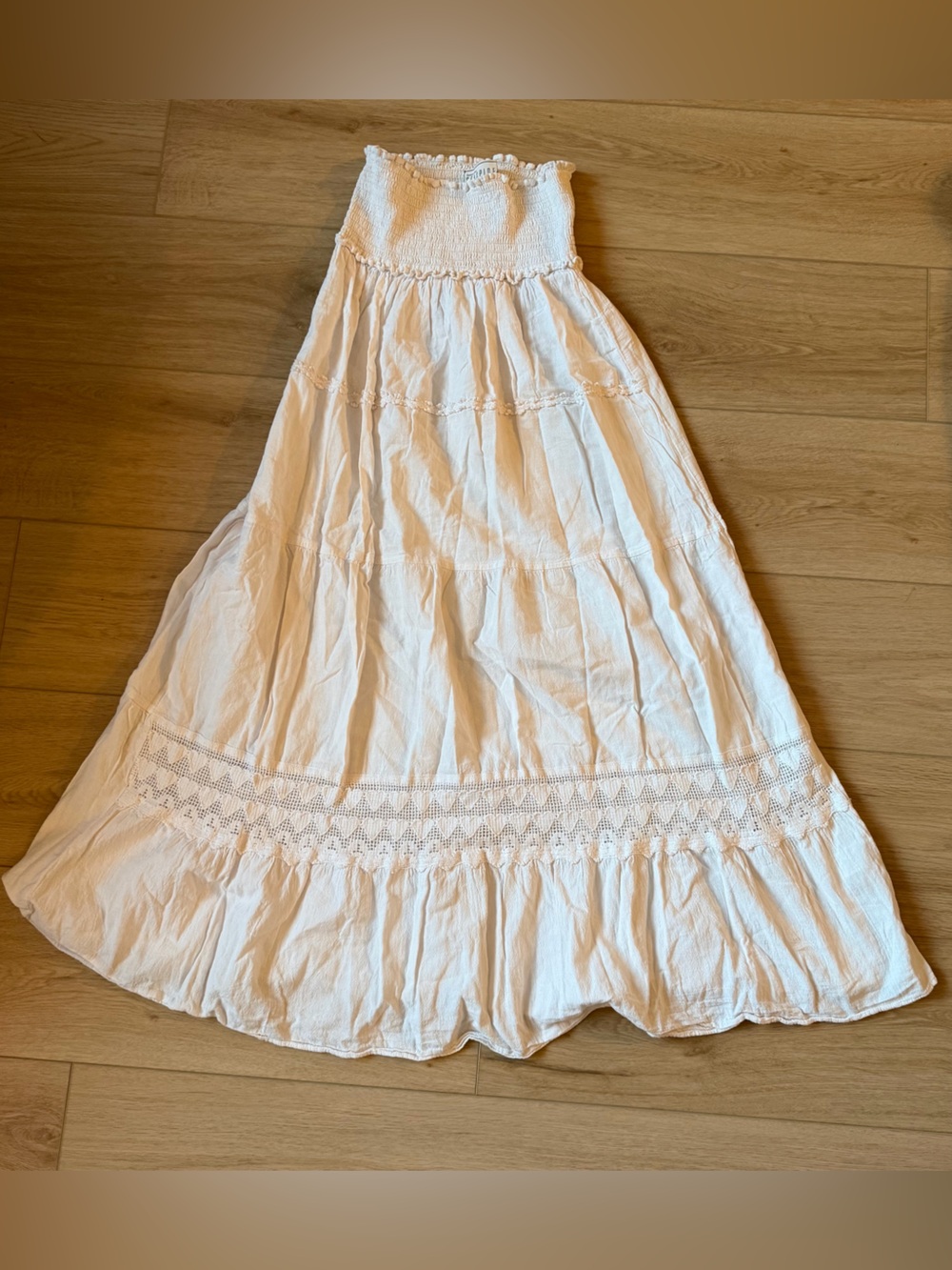 Seaspice Smocked Waist White Maxi Skirt with Heart Crochet Detail